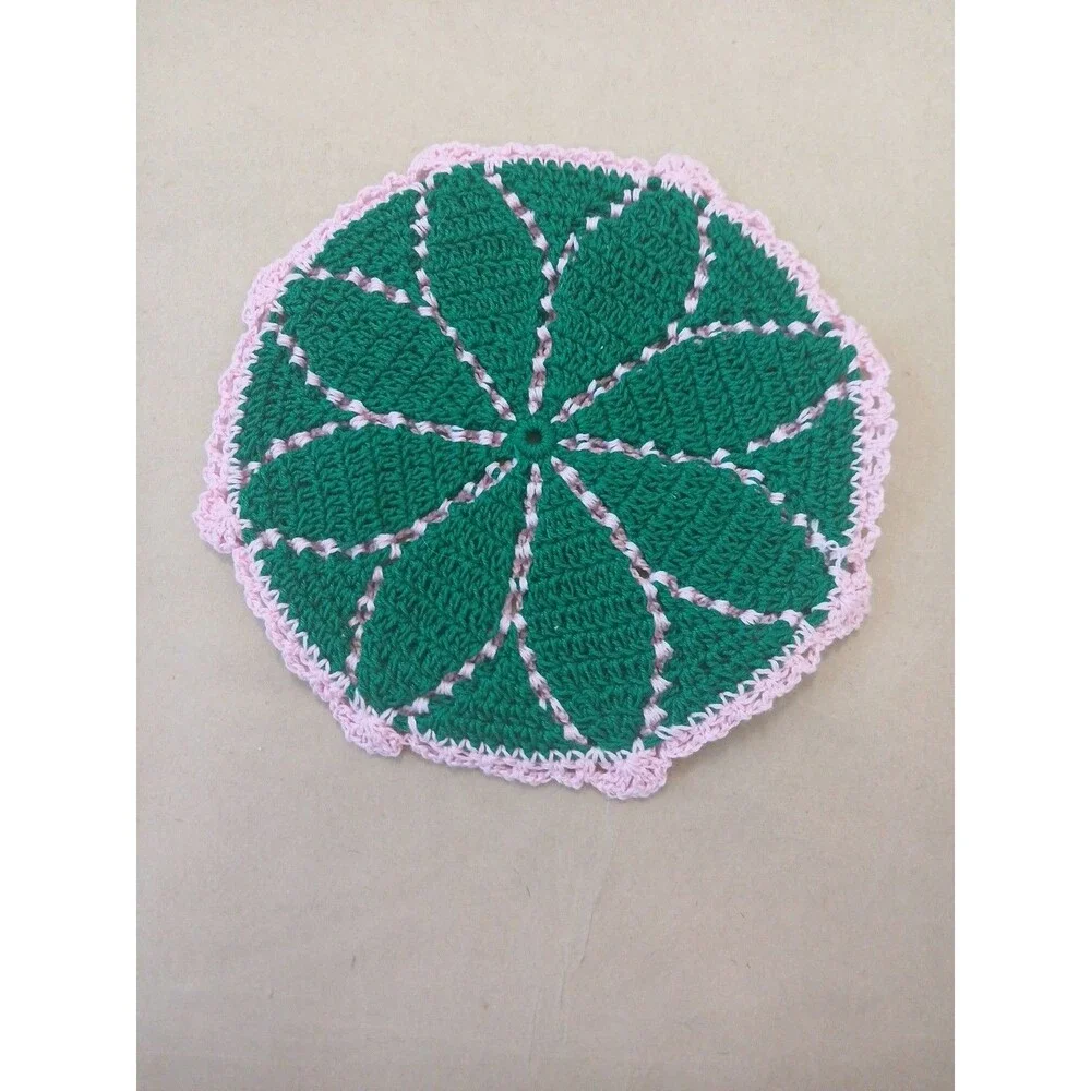 Round Crocheted Trivet Green & Pink Cottagecore Granniecore